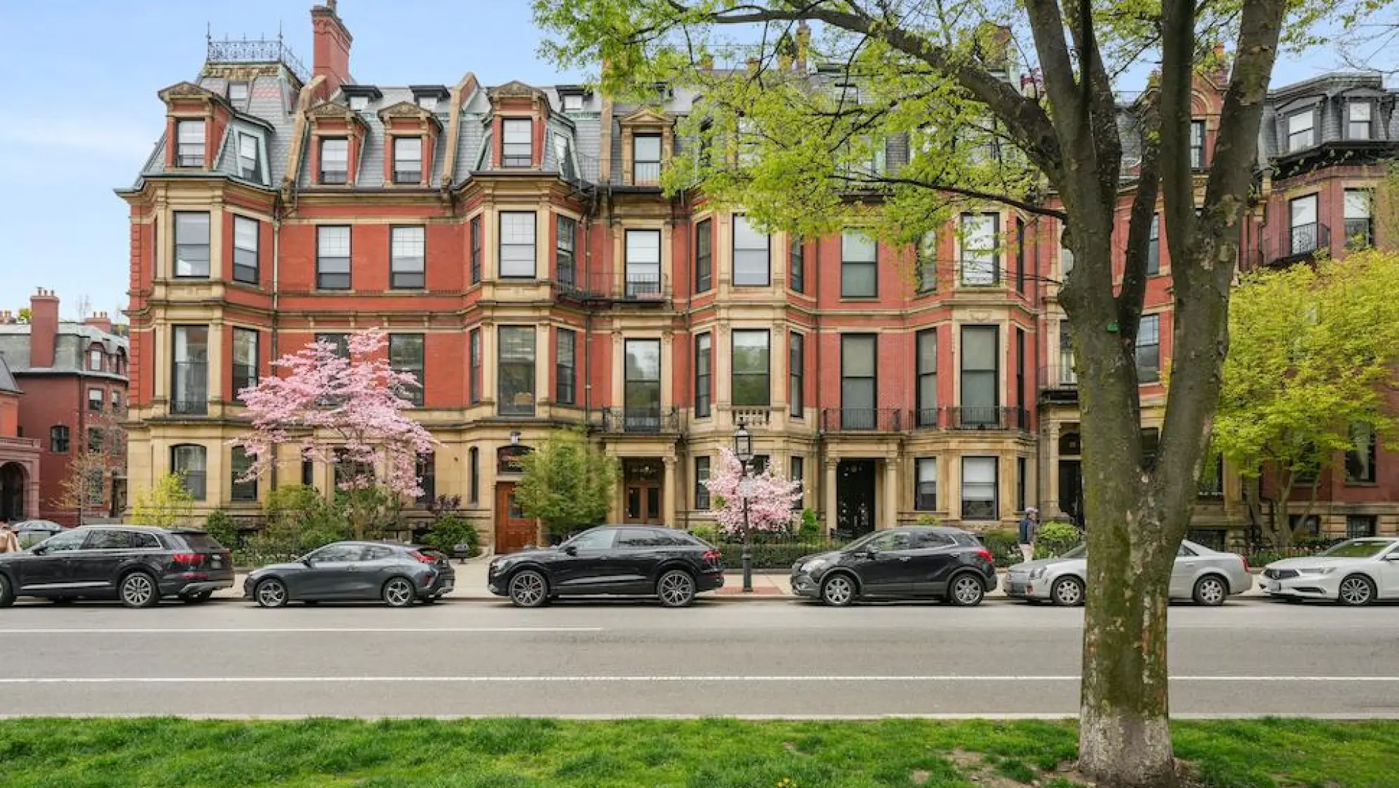 Row of historic Boston brownstone buildings in Back Bay — a prime target for mouse infestations due to aging mortar, coal chutes, and settled foundations